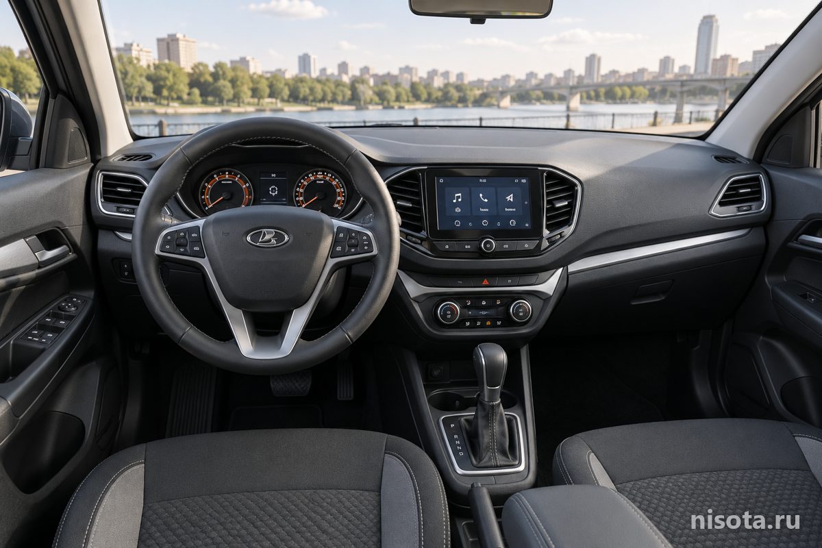 Салон Lada Vesta: приборная панель, руль и экран мультимедиа